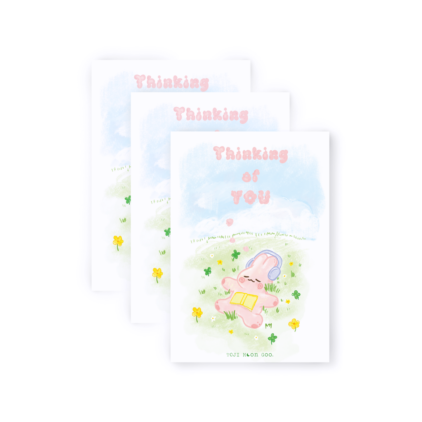 Trio Pack. Pink doodle bunny laying on green pastel field. Pink cloud-like "Thinking of YOU" letters in the blue sky.