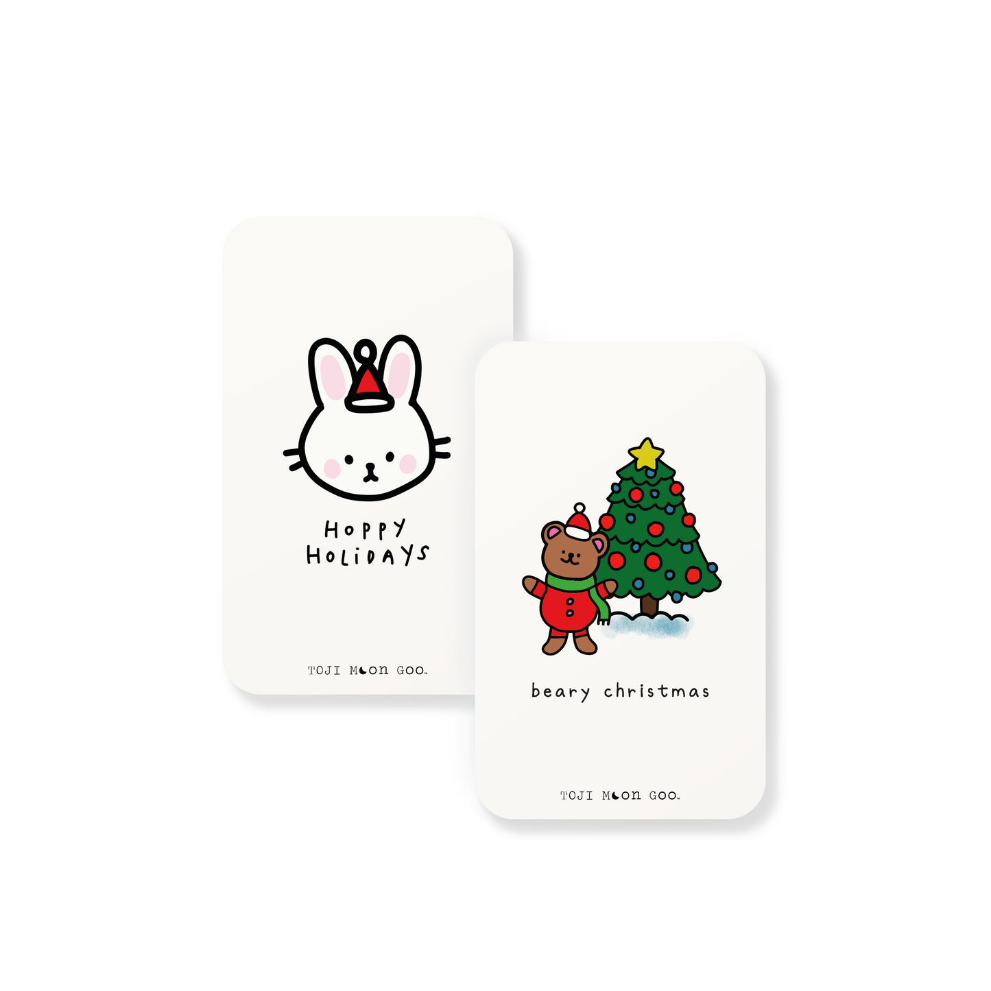 Mini white rectangle greeting cards with rounded edges. Bunny and bear illustration.