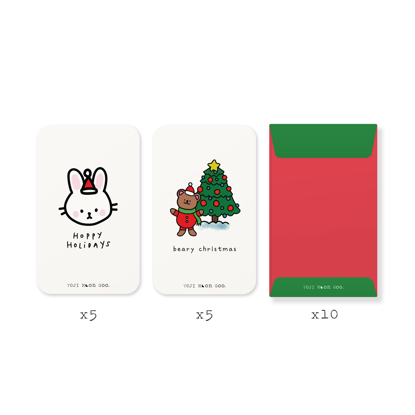 Mini white rectangle greeting cards with rounded edges, includes red and green pocket-sized envelope.