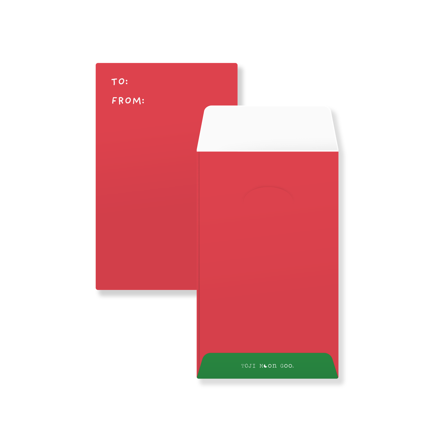 Red and green mini envelopes reading "to" and "from"