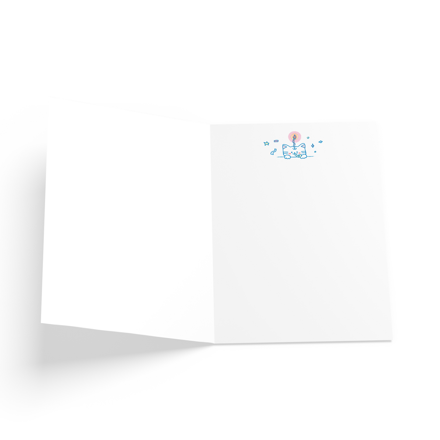 Cat illustration with a candle on it's head. Inner card message is blank.