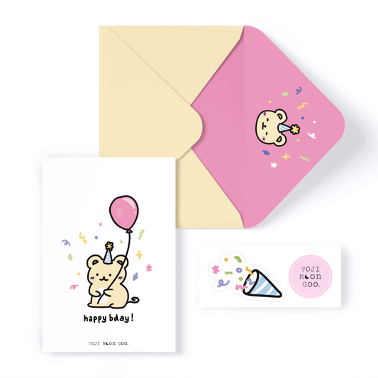 BALLOON BEAR BIRTHDAY GREETING CARD + ENVELOPE + STICKERS SET