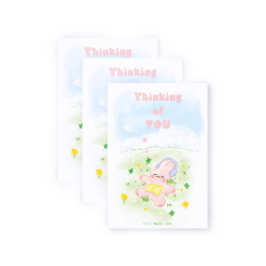 Trio Pack. Pink doodle bunny laying on green pastel field. Pink cloud-like "Thinking of YOU" letters in the blue sky. 