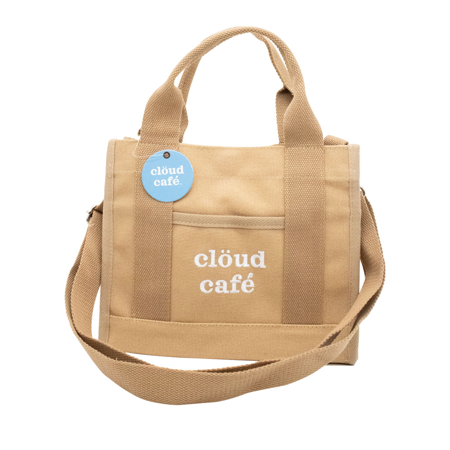 Front-facing brown canvas tote bag with strap and embroidered "Clöud Café" logo text.