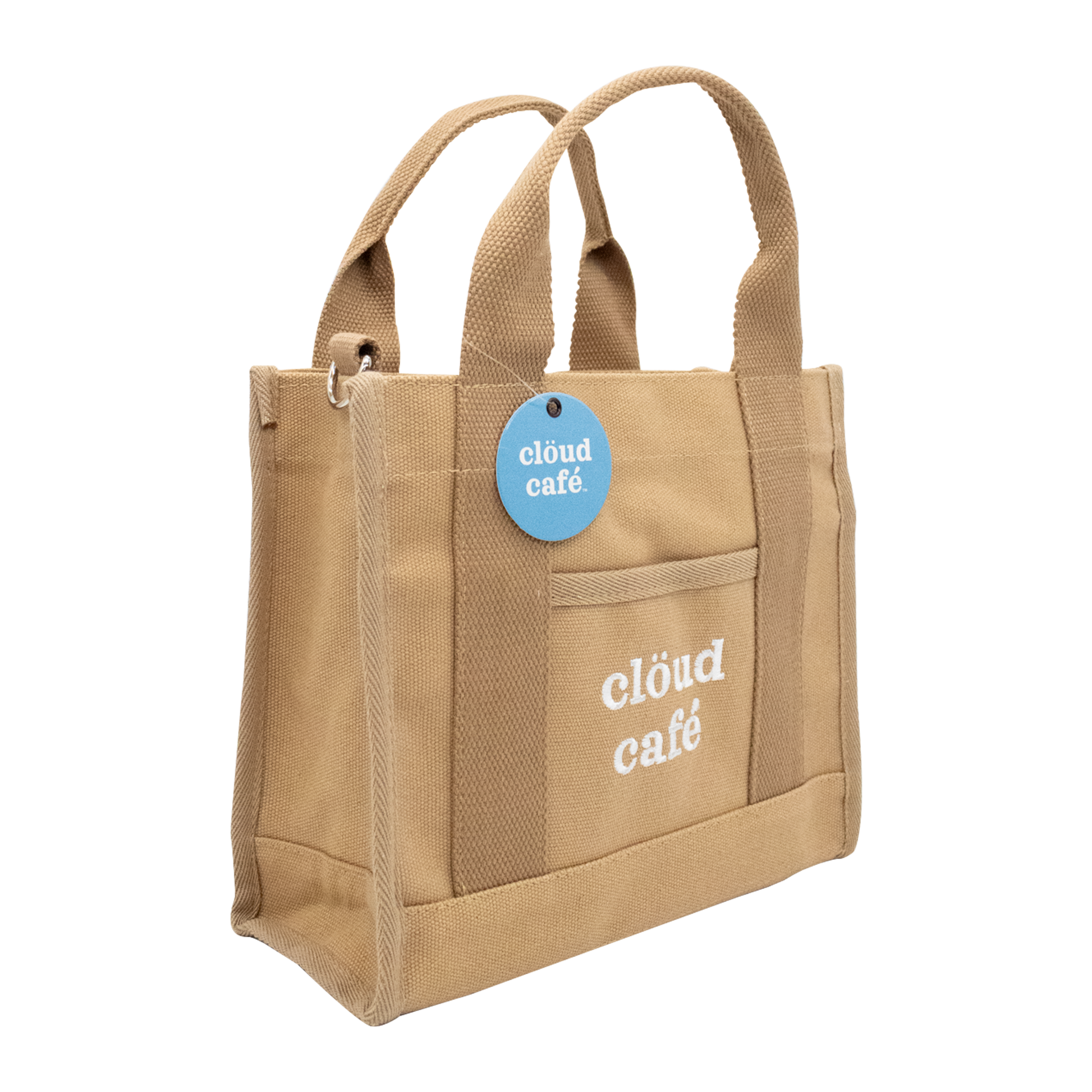Side-facing brown canvas tote bag with embroidered "Clöud Café" logo text.
